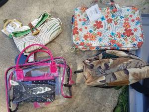 lot 445 image: Lot of (4) Womens Bags  - Clear Cosmetic Bag, Mad Dog Gear Camo Fanny Pack, Allegro Weekender Bag, Lily Mango LaLicious Travel Set