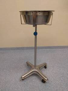 lot 14 image: MSRP $200 Medical Grade Stainless Steel Height Adjustable Scrub Basin Bowl On Mobile Stand - Great Condition