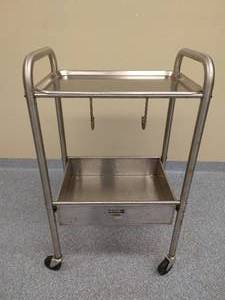 lot 15 image: Medical Grade Stainless Steel Portable Cart With Removable Mayo Tray - Has Open Drawer & Hooks For Power Cords - Great Condition 