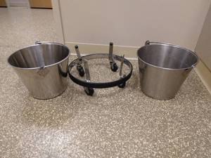 lot 29 image: MSRP $300 Medical Grade Stainless Steel Operating Room Mobile Bucket Stand with Two Buckets