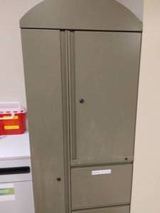 lot 32 image: Fabulous Locking 74 Tall Office Work Area Locker Metal 2 Door Cabinet With 3 Sliding Drawers - Great Condition - Contents Not Included - No Key