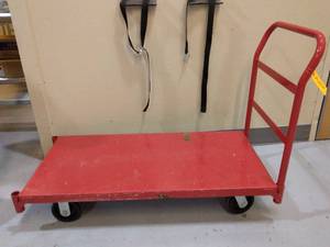 lot 61 image: MSRP $250 Uline Warehouse Platform Trolley Transport Cart - Red - 2000lb Capacity - Great Condition&nbspContents Not Included
