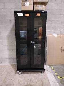 lot 94 image: MSRP$600 Uline Clear-View Mobile Storage Cabinet - 36 x 18 x 78, Black...Cabinets roll easily on platform cart for cleaning and rearranging workspace.....Great Condition &nbspContents Not Included