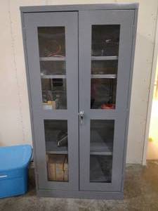 lot 113 image: Grey Metal & Glass Two Door Storage Cabinet Locker - Great Condition - Contents Not Included
