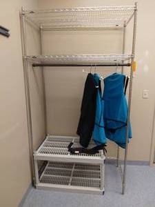 lot 127 image: Metro Tall Wire NSF Racking System With Coat Bar Attachment - Excellent Condition - Includes Plastic Shelving Underneath For Shoes Etc...