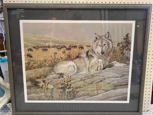 lot 96 image: Signed & Numbered Bison Wolf Art 31 X 38