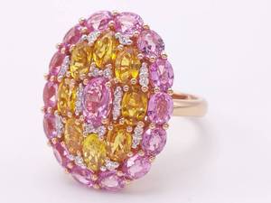 lot 1 image: LUXURIOUS 7.00 CARAT Natural Pink & Yellow Sapphire,Diamond Cluster Cocktail Ring in 18k Rose Gold $14,000 Retail