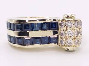lot 12 image: Fancy Design Estate Ring With Diamonds, Blue Sapphires, and Emeralds in Heavy 14k Yellow Gold