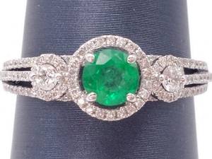 lot 16B image: New Natural Emerald and Diamond Halo Ring in 14k White Gold