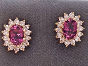 lot 16D image: New 1.90 Carat Pink Tourmaline and Diamond Halo Earrings in 14k Yellow Gold $1,800 Price Tag
