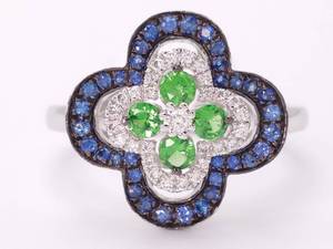 lot 16E image: New Gorgeous Diamond, Tsavorite and Blue Sapphire Floral Halo Ring in 14k White Gold