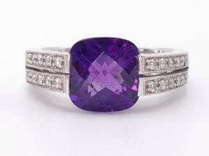 lot 17 image: 2.75 Carat Custom Cut Deep Violet Amethyst and Diamond Ring in 14k White Gold