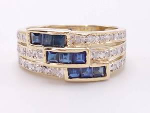 lot 19 image: Triple Band Diamond and Natural Blue Sapphire Ring in 14k Thick Yellow Gold