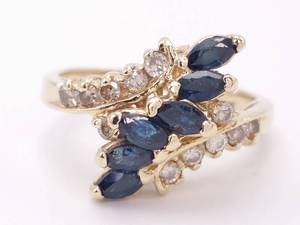 lot 27 image: Natural Blue Sapphire and Diamond Swirl Estate Ring in 14k Yellow Gold