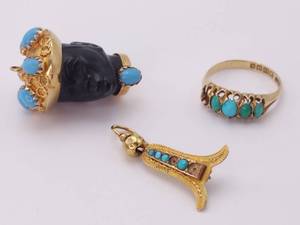 lot 50 image: Exotic Mixed Antique Foreign Yellow Gold Items with Turquoise Stones