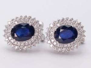 lot 5 image: Double-DeckerDiamond Halo Natural Blue Sapphire Cluster Earrings in 18k White Gold