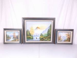 lot 25 image: 3 Wood Framed Oil on Canvas Landscape Paintings