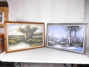 lot 26 image: 2 Large Wood Framed Oil on Canvas Summer and Winter Paintings 