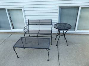 lot 59 image: 3 Piece HEAVY Iron Patio Bench, Coffee Table, and Side Table Set