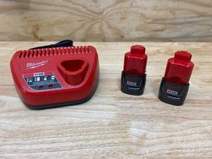 lot 20 image: MILWAUKEE M12 12-Volt Lithium-Ion Battery Charger with 2- M12 12-Volt Lithium-Ion Compact Battery Packs (1.5Ah)