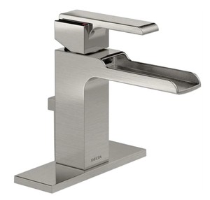 lot 517 image: Delta Ara Single Hole Single-Handle Open Channel Spout Bathroom Faucet with Metal Drain Assembly in Stainless