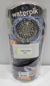 lot 537 image: Waterpik XAT-649E Handheld Showerhead, 1.8 Gpm, 6-Spray Function, Brushed Nickel, 3-12 In Dia