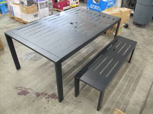 lot 502 image: Black Outdoor Metal Table with Bench - 70 In L X 42 In W X 30 In Tall