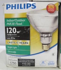 lot 562 image: Lot of 9 Philips 120-Watt Equivalent Halogen PAR38 Dimmable IndoorOutdoor Floodlight Bulbs