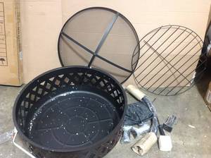 lot 20 image: Sunnydaze Decor Cross Weave 36 in. x 24 in. Large Round Steel Wood Burning Fire Pit in Bronze with Spark Screen (good condition) see pictures