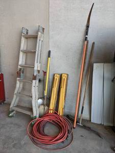 lot 916 image: Aluminum Folding Ladder, Sawhorses, Air Hose and More - NO SHIPPING
