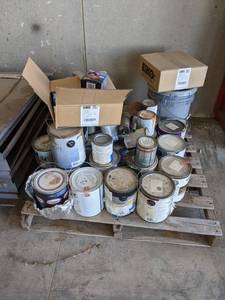 lot 918 image: PALLET LOT - Assorted Paint and (2) Cases of 100W Rough Service Light Bulbs - NO SHIPPING