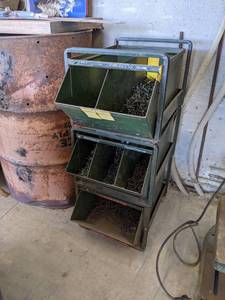 lot 930 image: Stackable Steel Nail Bins and Nails - Overall Measures about 34 x 22 x 14 - NO SHIPPING