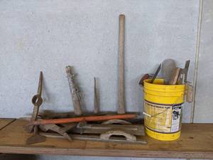 lot 935 image: Lot of Concrete Trowels, Float, Pick Axes and More - NO SHIPPING