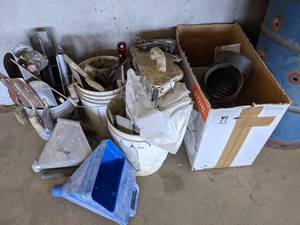 lot 944 image: Large Lot of Concrete Trowels, Texture Sprayer and More - NO SHIPPING