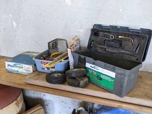 lot 955 image: Large Lot of Misc. - 44LB Welding Wire Spool ER70S-6 (0.035), Drill Bits, Nails, Wheels, Torch Goggles and More - NO SHIPPING