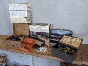 lot 960 image: Lot of Tools and More - Drill, Dovetail Jig, Hardware, Overshoes and More - NO SHIPPING