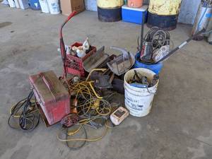 lot 966 image: Large Lot of Misc. - Hole Saw Bits, Extension Cords, Battery Carrier w Battery, Lights, Belts and More - NO SHIPPING