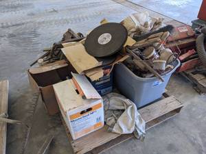 lot 970 image: PALLET LOT - 14 Cutoff Blades, Chain Binders, Caulking, Come-A-Longs and More - NO SHIPPING