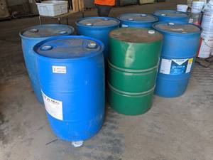 lot 999 image: (7) 55 Gallon Barrels of DEC 20 Seal Waterproofing Membrane, 309EF Cure and Seal, DR1250 White  - Most are Partial, DR1250 is full - NO SHIPPING
