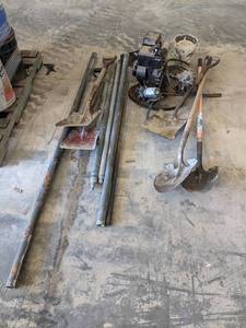 lot 896 image: Lot of Shovels, Handles, Electric Pump, Gas Pump (Stuck) and More - NO SHIPPING