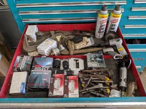 lot 787 image: Air Chisels and Bits, C-Clamps, Komatsu Kill Switch, Pneumatic Cut off Tool and Discs and More - Drawer NOT Included - NO SHIPPING