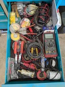 lot 788 image: Lot of Electrical Testing and Supplies - Multimeter, 12VDC Tester, Electrical Tape, Amprobe Meter, Wire Strippers and More - Drawer NOT Included - NO SHIPPING
