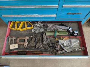 lot 802 image: Lot of Misc. - Slide Hammer, Clevises, Receiver Hitch w 2 Ball, Soldering Guns and More - Drawer NOT Included - NO SHIPPING