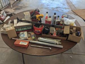 lot 806 image: Large Lot of Shop Supplies and Tools - Retractable Extension Cord, DeWalt Drill and More - NO SHIPPING