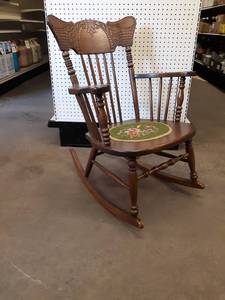 lot 158 image: Vintage Wood Rocking Chair with Embroidered Pad and Pressed Back
