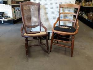 lot 159 image: Vintage Wood Rocking Chair with Caning and Vintage Chair with Embroidered Cushion