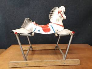 lot 202 image: Vintage Spring Rocking Horse - Fiberglass Body, Wood Legs - Overall about 32 x 20 x 28 Tall