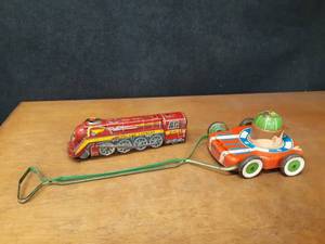 lot 207 image: Vintage Toys - Chipper the Clipper Tin Ohio Art Lawn Mower & Tin Overland Express Train