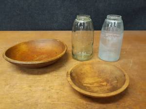 lot 215 image: Antique MASONS Jars Pat 1858 and Wood Bowls - Jars are about 9 Tall
