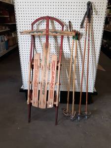 lot 222 image: Vintage Ski Poles and Sled